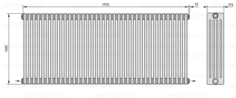 Схема (чертеж) Радиатор Zehnder Charleston 5150/37 №2670 Белый глянцевый RAL 9016